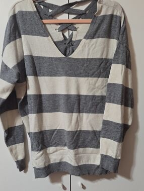 Marquise Gray & Cream Striped Pullover with Lace-Up Back